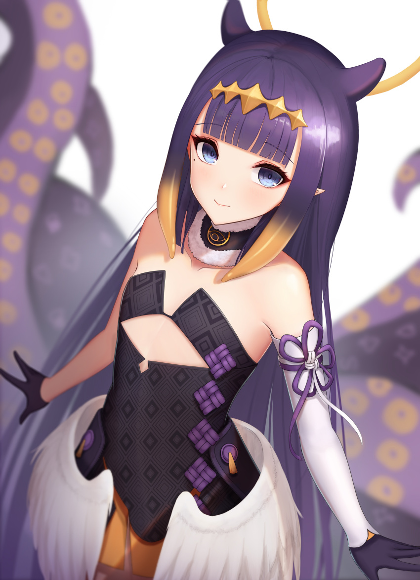 1girl abeen_jhong absurdres animal_ears bangs black_dress black_gloves blue_eyes blunt_bangs blurry blurry_background brown_hair closed_mouth commentary_request depth_of_field detached_sleeves dress eyebrows_visible_through_hair feathered_wings gloves gradient_hair half_gloves halo highres hololive hololive_english long_hair looking_at_viewer low_wings multicolored_hair ninomae_ina'nis pointy_ears purple_hair simple_background single_detached_sleeve smile solo strapless strapless_dress suction_cups tentacles very_long_hair virtual_youtuber white_background white_sleeves white_wings wings