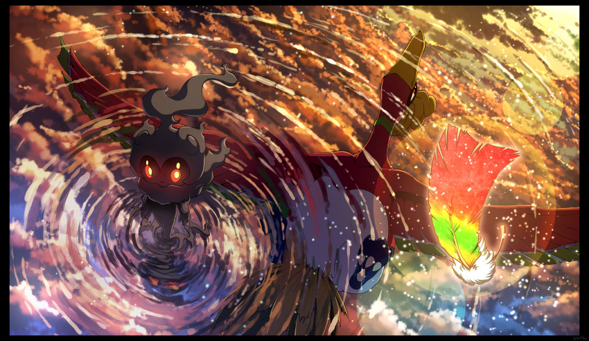 absurdres claws closed_mouth clouds commentary_request gen_2_pokemon gen_7_pokemon glowing glowing_eyes highres ho-oh karamimame legendary_pokemon lens_flare looking_up marshadow mythical_pokemon no_humans pokemon pokemon_(creature) rainbow_wing_(pokemon) red_eyes ripples