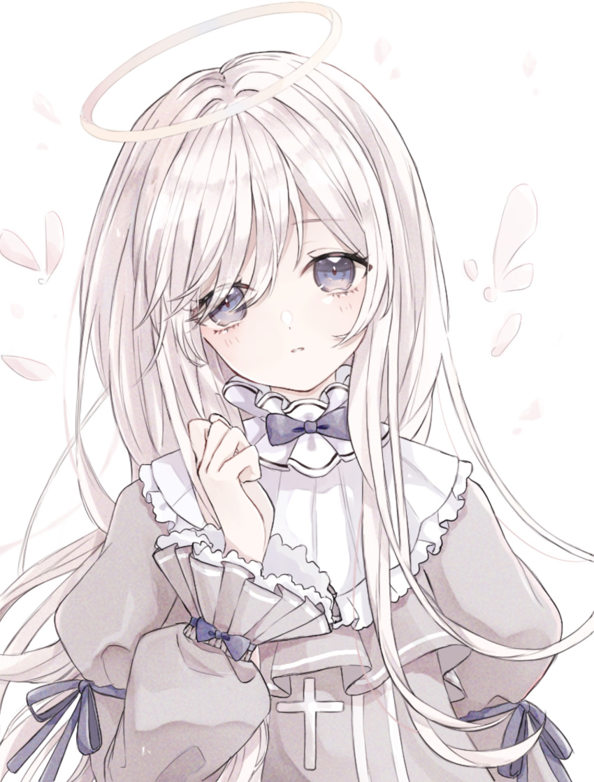 1girl absurdres bangs cross halo hand_up highres long_hair long_sleeves looking_at_viewer original puffy_long_sleeves puffy_sleeves simple_background solo upper_body white_background white_hair yuni_0205