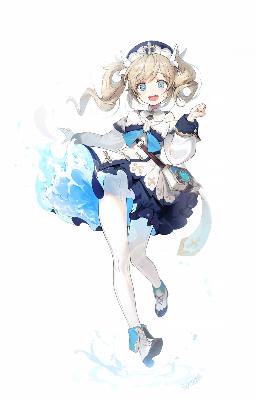 1girl barbara_(genshin_impact) blonde_hair blue_eyes book dress full_body genshin_impact hat highres open_mouth pantyhose shoes simple_background solo soyoong_jun teeth tongue twintails white_background