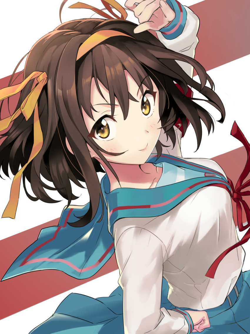 1girl arm_up bangs blue_sailor_collar blue_skirt blush breasts brown_background brown_eyes brown_hair closed_mouth collarbone commentary_request eyebrows_visible_through_hair from_side hair_between_eyes hair_ribbon hand_on_hip highres index_finger_raised long_sleeves looking_at_viewer looking_to_the_side medium_breasts neck_ribbon orange_ribbon pleated_skirt rassie_s red_ribbon ribbon sailor_collar school_uniform serafuku shirt skirt smile solo suzumiya_haruhi suzumiya_haruhi_no_yuuutsu two-tone_background v-shaped_eyebrows white_background white_shirt