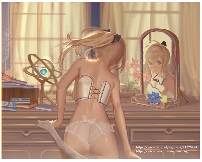 1girl ass bangs bare_arms bare_back bare_shoulders black_bow blonde_hair blue_flower book book_stack bow bow_panties corset curtains detached_collar drawer eflilies flower genshin_impact hair_bow indoors jean_gunnhildr long_hair mirror panties ponytail reflection see-through sidelocks solo underwear undressing white_bow white_corset white_panties window