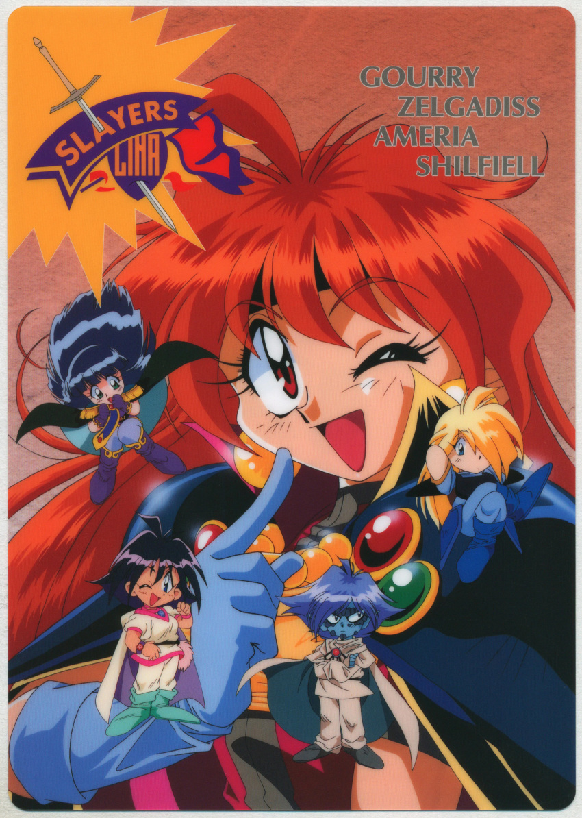 1990s_(style) 2girls 3girls absurdres amelia_wil_tesla_seyruun aqua_eyes aqua_footwear araizumi_rui armor bangs bead_necklace beads black_eyes black_hair blonde_hair blue_eyes blue_footwear blue_gloves blue_hair boots cape character_name chibi clenched_hand copyright_name crossed_legs earrings eyebrows_visible_through_hair fingerless_gloves floating_hair gloves gourry_gabriev headband highres jewelry lina_inverse long_hair multiple_girls necklace official_art one_eye_closed open_mouth pauldrons pointing pointing_at_self purple_footwear purple_gloves red_eyes scan short_hair short_sleeves shoulder_armor slayers sword sylphiel_nels_lahda weapon zelgadiss_graywords