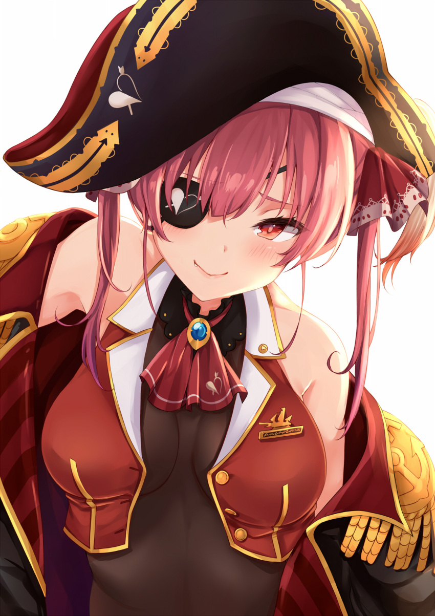 1girl ascot bare_shoulders black_coat black_headwear bodystocking breasts brooch coat crop_top epaulettes eyepatch gold_trim hat highres hololive houshou_marine jewelry long_hair looking_at_viewer medium_breasts off_shoulder open_clothes open_vest pirate_hat red_eyes red_vest redhead roriwanko simple_background smile solo twintails upper_body vest virtual_youtuber white_background wing_collar