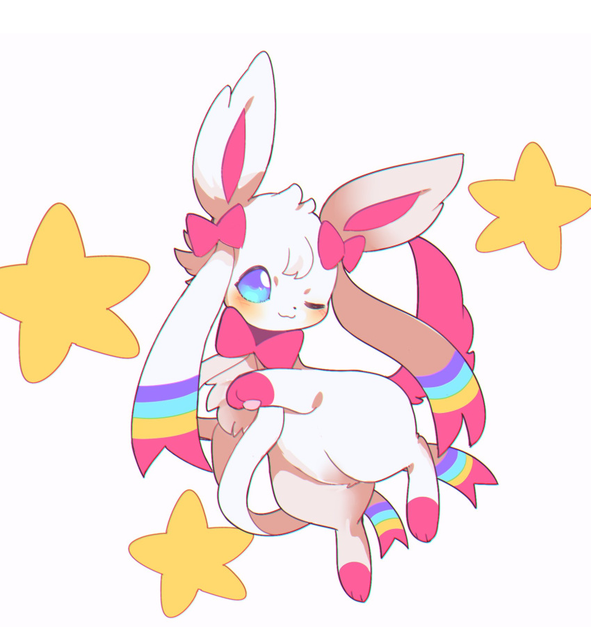 :3 alternate_shiny_pokemon blue_eyes blush chromatic_aberration clarevoir closed_mouth commentary commission english_commentary gen_6_pokemon happy highres jpeg_artifacts looking_at_viewer no_humans one_eye_closed pawpads pokemon pokemon_(creature) simple_background smile solo star_(symbol) sylveon white_background