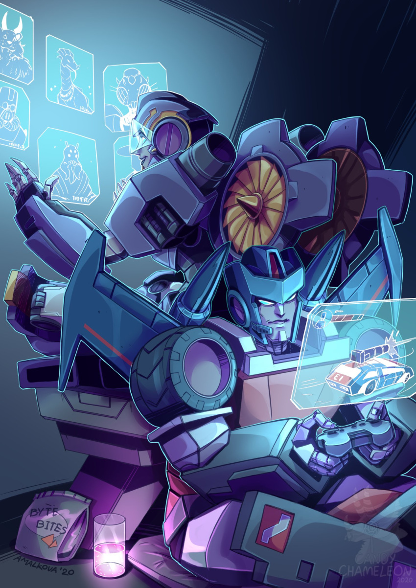 1boy 1girl autobot blue_eyes candy_chameleons collaboration cup english_commentary highres holographic_interface larbesta looking_down mecha nautica no_humans playing_games road_rage_(transformers) the_transformers_(idw) transformers visor