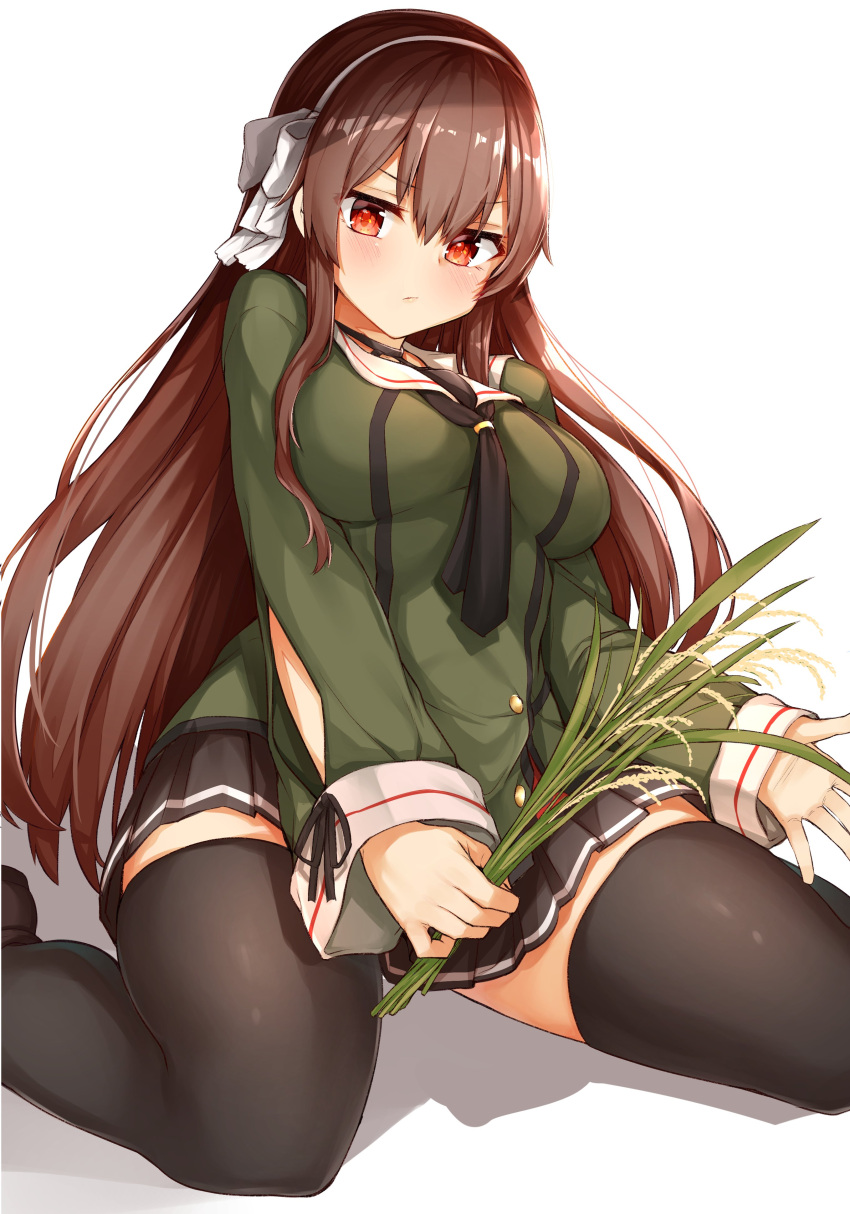 .live 1girl absurdres angry black_legwear blush breasts brown_hair chausson commentary_request headband highres kneeling large_breasts long_hair looking_at_viewer plant red_eyes school_uniform solo thigh-highs virtual_youtuber white_background yaezawa_natori