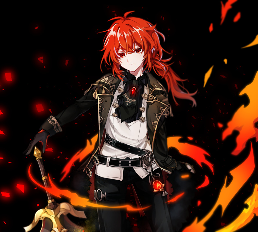 1boy bangs belt black_coat black_gloves brooch coat collared_shirt crossed_bangs diluc_(genshin_impact) embers english_commentary eyebrows_visible_through_hair fire genshin_impact gloves greatsword hair_between_eyes highres jewelry long_sleeves multiple_belts open_clothes open_coat pyrokinesis red_eyes redhead shirt solo user_xjjd7354