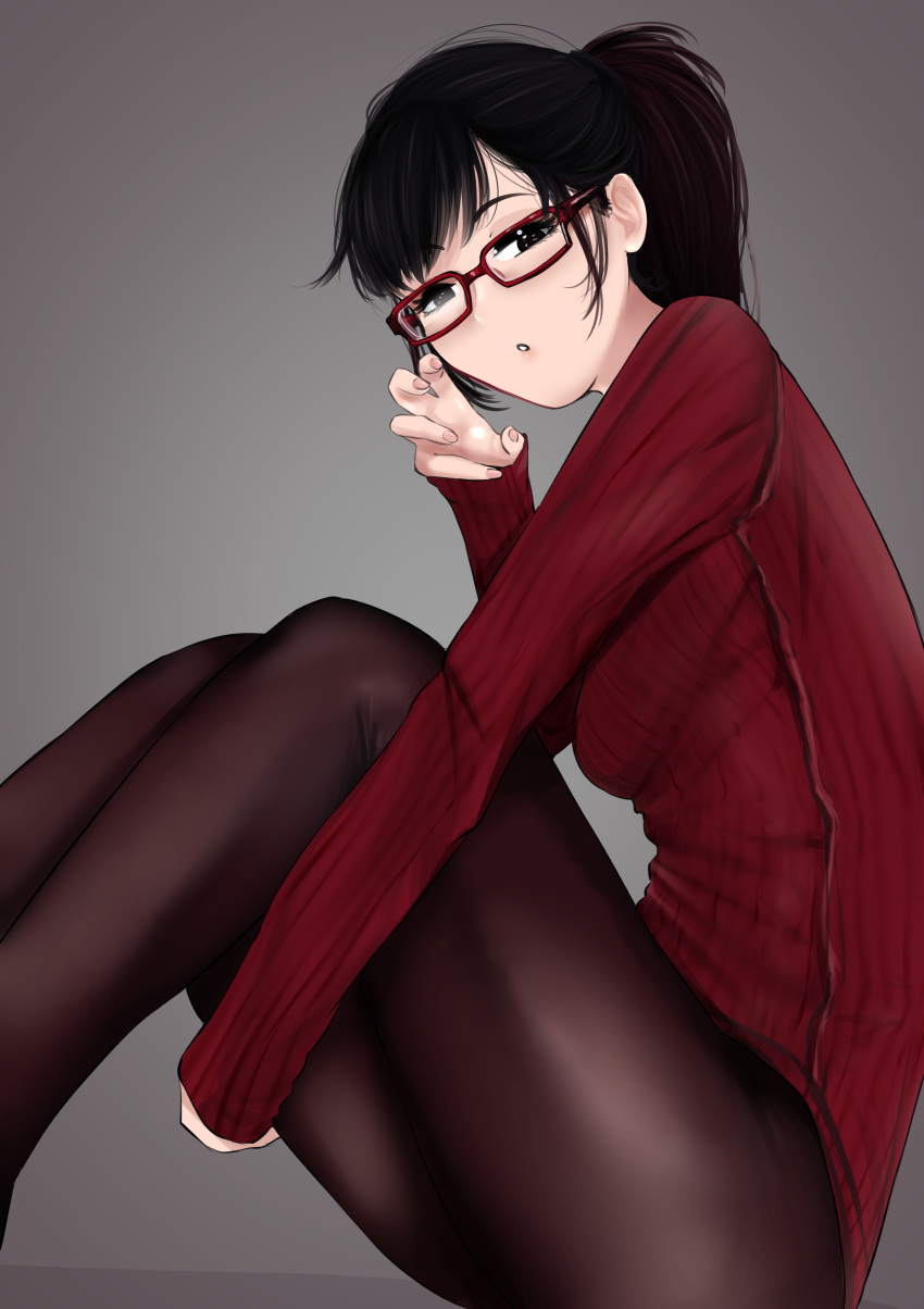 1girl absurdres black_eyes black_hair brown_legwear feet_out_of_frame glasses grey_background hand_up highres long_sleeves looking_at_viewer original pantyhose rain_prophet red-framed_eyewear sitting solo turtleneck_leotard