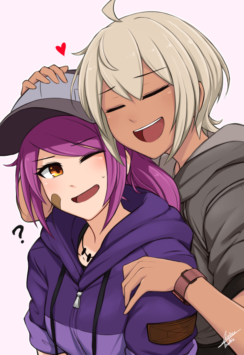 2girls ? ahoge airisubaka artist_name bandaid baseball_cap blonde_hair closed_eyes dark_skin english_commentary eyebrows_visible_through_hair hair_between_eyes hat heart highres hood hood_down hoodie hug leah_(airisubaka) looking_at_another multiple_girls one_eye_closed open_mouth original ponytail purple_hair short_hair simple_background teeth tongue upper_body watermark white_background