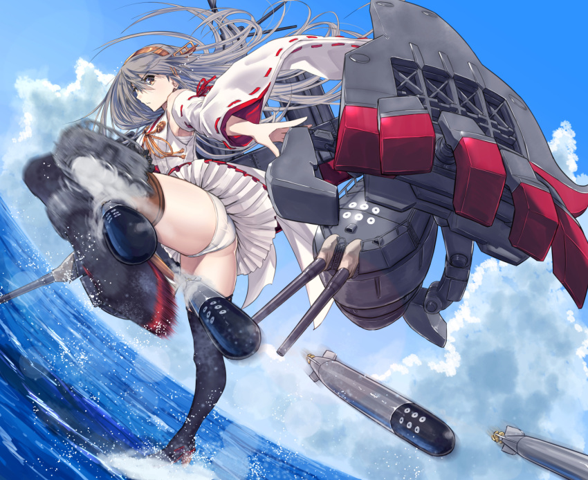 1girl ass bare_shoulders boots breasts brown_eyes camouflage day dazzle_paint detached_sleeves floating_hair grey_hair hair_ornament hairband hairclip haruna_(kantai_collection) headgear highres japanese_clothes kantai_collection kicking large_breasts long_hair looking_at_viewer nontraditional_miko outdoors panties remodel_(kantai_collection) rigging rudder_footwear skirt solo thigh-highs thighs torpedo torpedo_launcher underwear white_panties wind zombie_mogura