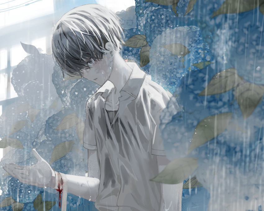 1boy absurdres artist_request bandaged_arm bandages black_hair black_shirt blood collared_shirt flower highres leaf original outdoors rain see-through shirt short_sleeves solo upper_body wet white_shirt