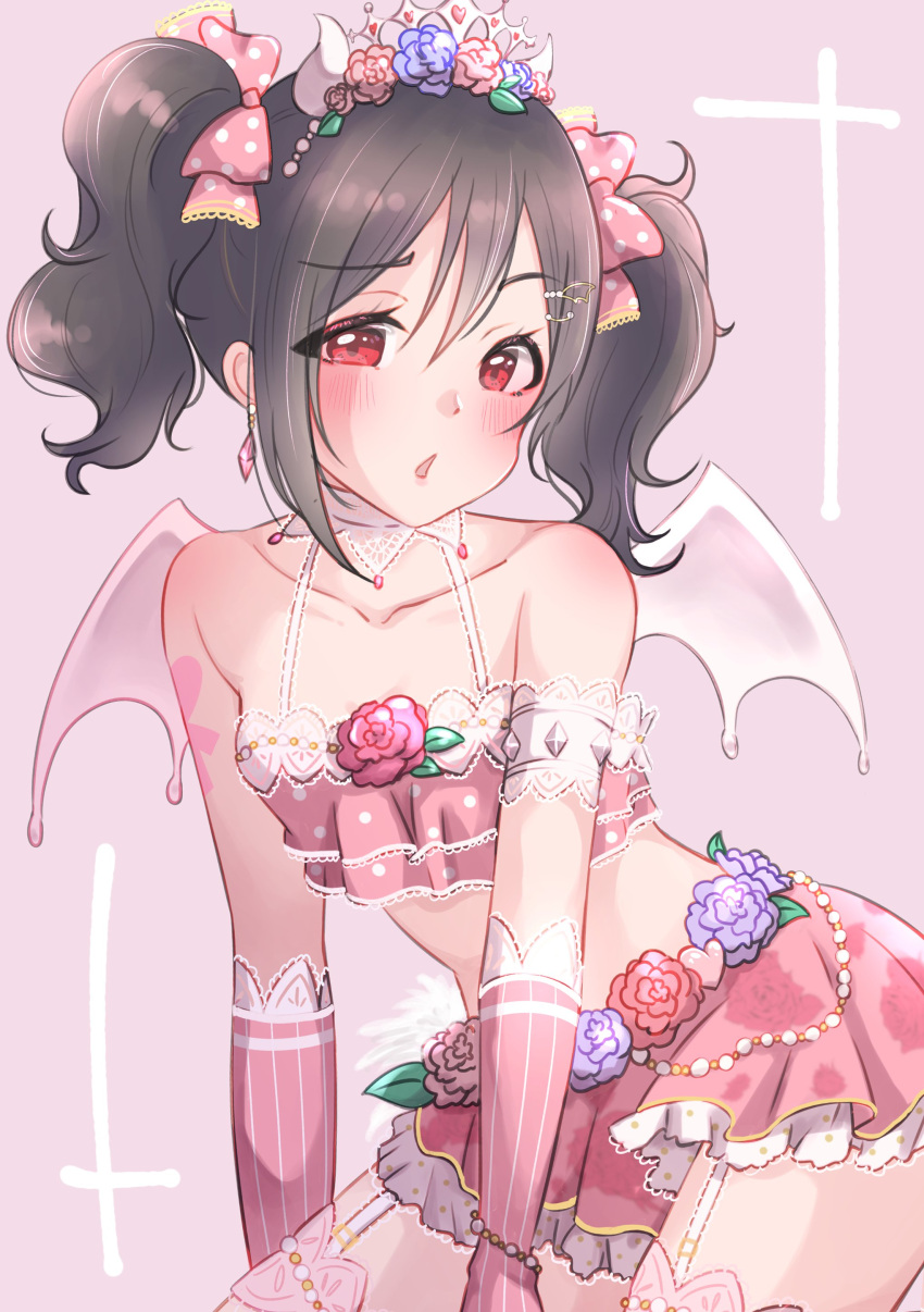 1girl absurdres bikini black_hair bow collar collarbone cross demon_horns demon_wings ear earrings elbow_gloves eyebrows_visible_through_hair flower_wreath frilled_bikini frills garter_straps gloves head_wreath highres horns jewelry kobayashi_nyoromichi lace_trim love_live! pearl_(gemstone) pink_background pink_bikini pink_bow pink_gloves red_eyes solo squatting swimsuit twintails wings yazawa_nico