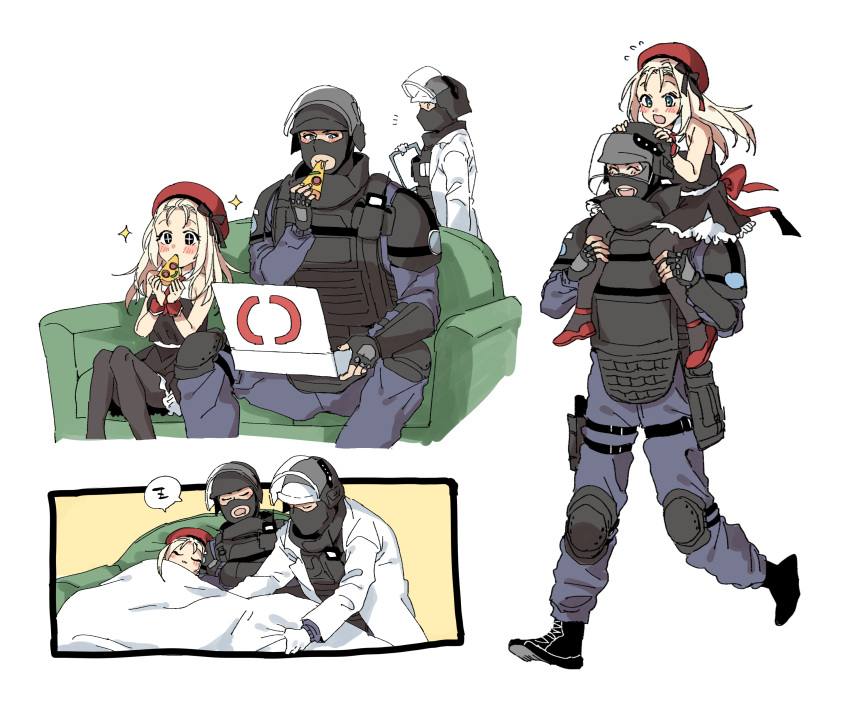 1girl 2boys absurdres beret black_legwear blush carrying closed_eyes coach crossover doc_(rainbow_six_siege) dress eating girls_frontline gloves hat helmet highres labcoat long_hair long_sleeves military_operator mp5_(girls_frontline) multiple_boys open_mouth pantyhose pizza_box pizza_slice rainbow_six_siege red_headwear rook_(rainbow_six_siege) sanso_(kasyawamoti) shoulder_carry simple_background sitting sleeping sleeveless sleeveless_dress spoken_zzz walking white_background white_gloves zzz