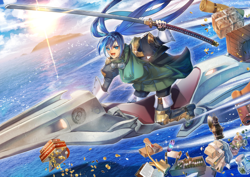 1girl :d black_footwear black_legwear blue_eyes blue_hair box cigar coin day glint goggles goggles_around_neck green_skirt highres holding holding_sword holding_weapon hovercraft island jar katana lettter long_hair long_sleeves oil_can open_mouth outdoors pixiv_fantasia pixiv_fantasia_age_of_starlight puffy_long_sleeves puffy_sleeves quad_tails scroll seal shader_resheda skirt smile sunlight sword takayama_dan very_long_hair water watercraft weapon