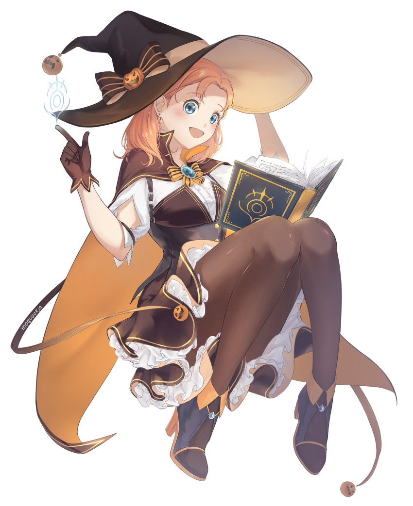 1girl :d absurdres annette_fantine_dominic book cloak crest dress fire_emblem fire_emblem:_three_houses full_body hat high_heels highres open_mouth orange_hair pantyhose rainpoow simple_background smile white_background witch witch_hat