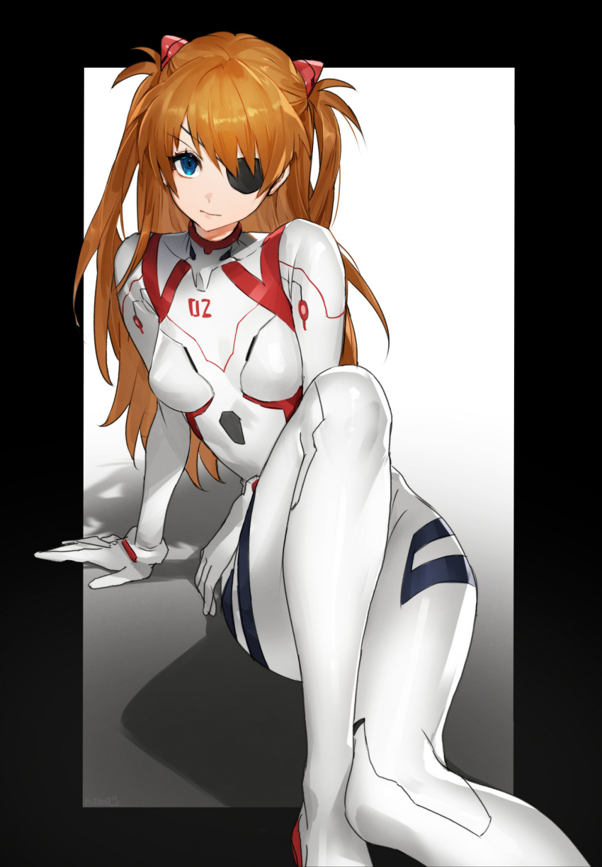 1girl bangs blue_eyes bodysuit breasts brown_hair closed_mouth commentary evangelion:_3.0+1.0_thrice_upon_a_time eyepatch highres interface_headset long_hair looking_at_viewer neon_genesis_evangelion nima_(niru54) number plugsuit rebuild_of_evangelion shadow shikinami_asuka_langley solo souryuu_asuka_langley white_bodysuit