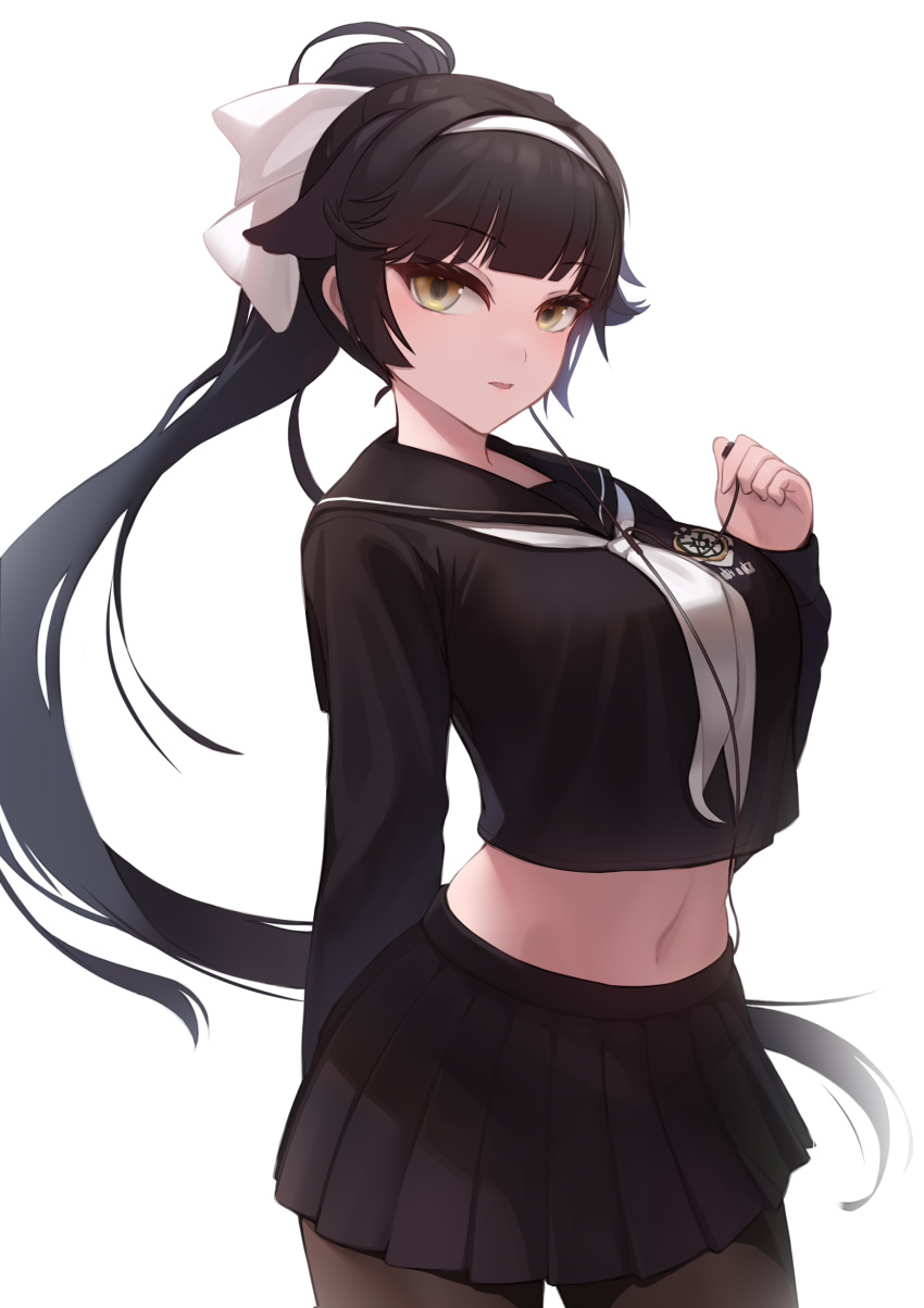 1girl absurdres animal_ears azur_lane black_hair black_serafuku black_shirt black_skirt breasts brown_legwear cowboy_shot crop_top crop_top_overhang extra_ears floppy_ears hairband hand_up highres kyuuri_no_tsukemono large_breasts long_hair long_sleeves looking_at_viewer midriff miniskirt navel neckerchief pantyhose parted_lips pleated_skirt ponytail sailor_collar school_uniform serafuku shirt sidelocks simple_background skirt solo stomach takao_(academy_romantica)_(azur_lane) takao_(azur_lane) very_long_hair white_background yellow_eyes