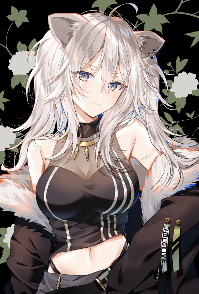 1girl absurdres ahoge animal_ears bare_shoulders blush breasts commentary_request copyright_name earrings eyebrows_visible_through_hair fur-trimmed_jacket fur_trim grey_eyes grey_hair hair_between_eyes hand_on_hip highres hololive jacket jewelry large_breasts lion_ears lion_girl long_hair looking_at_viewer midriff myusha necklace shirt shishiro_botan skirt sleeveless sleeveless_shirt solo virtual_youtuber