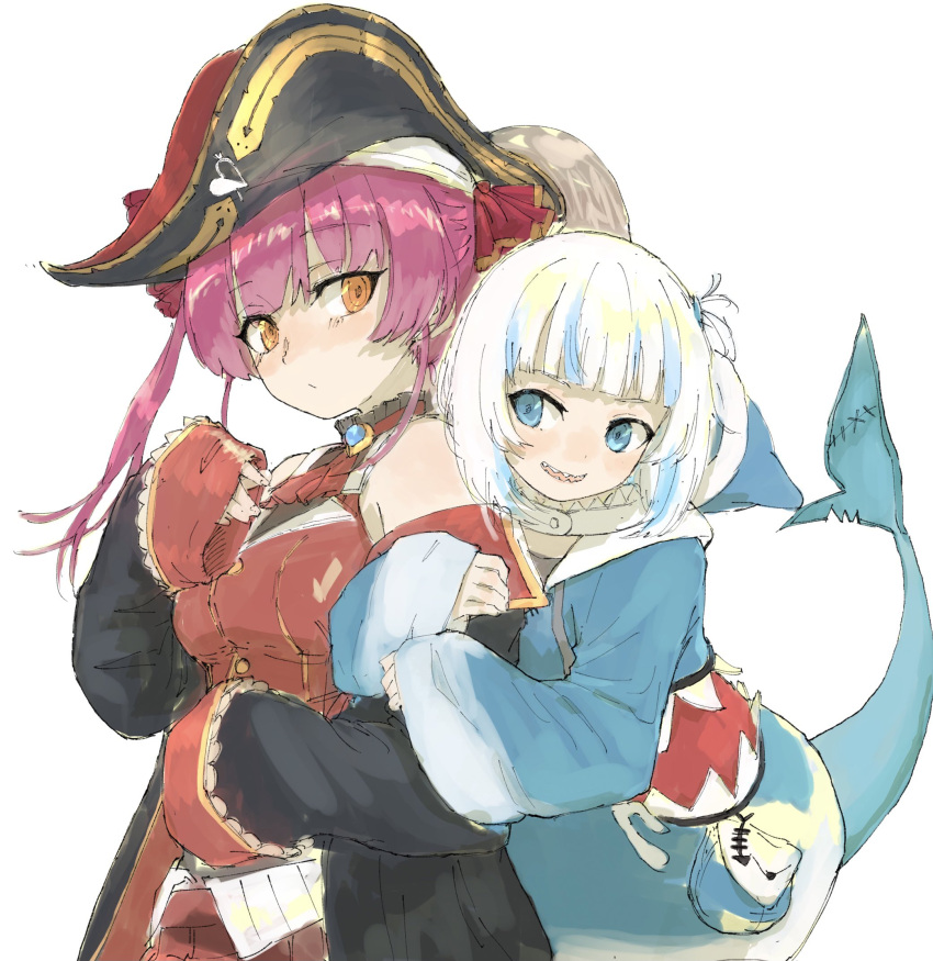 2girls :d alternate_eye_color arm_hug bangs bare_shoulders bicorne black_coat black_headwear blue_eyes blue_hoodie blush breasts brooch coat commentary_request covered_navel eyebrows_visible_through_hair gawr_gura hat hat_feather highres hololive hood hood_down hoodie houshou_marine jewelry large_breasts long_hair long_sleeves looking_at_another looking_back multiple_girls open_mouth pink_hair pirate pirate_hat pleated_skirt polca38885403 red_skirt red_vest shark_girl shark_tail sharp_teeth simple_background skirt sleeves_past_wrists smile tail teeth twintails vest virtual_youtuber white_background white_hair yellow_eyes