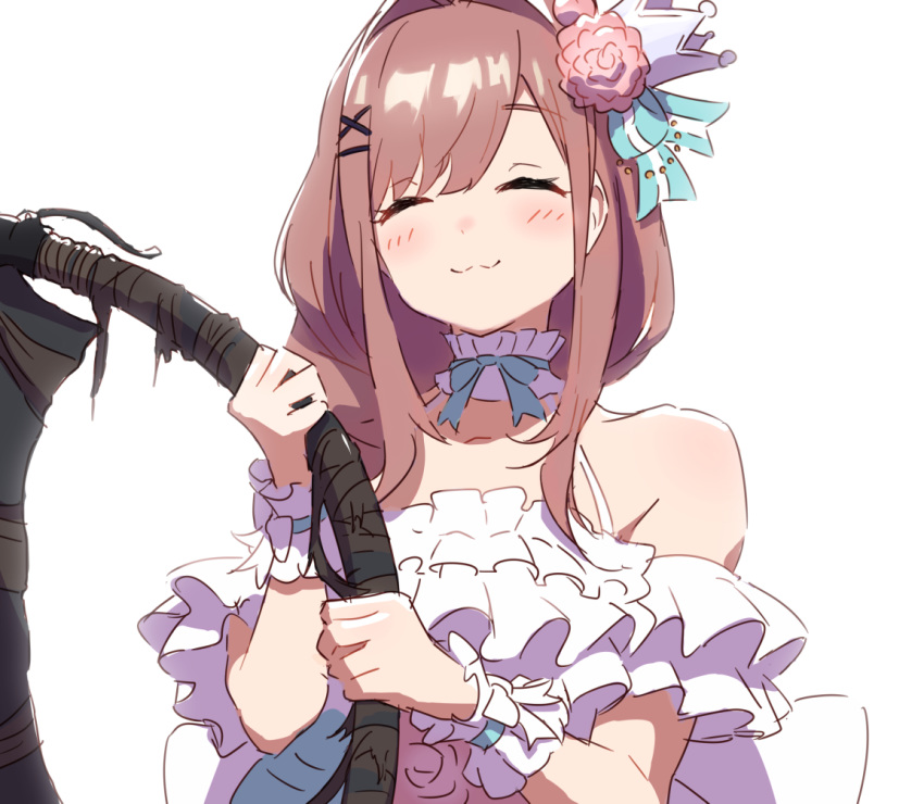 1girl :3 ^_^ bare_shoulders bloodborne blush bow bowtie brown_hair closed_eyes closed_mouth facing_viewer flower frilled ftst2020 hair_flower hair_ornament holding holding_weapon medium_hair nijisanji saw_cleaver simple_background solo suzuhara_lulu upper_body virtual_youtuber weapon white_background x_hair_ornament