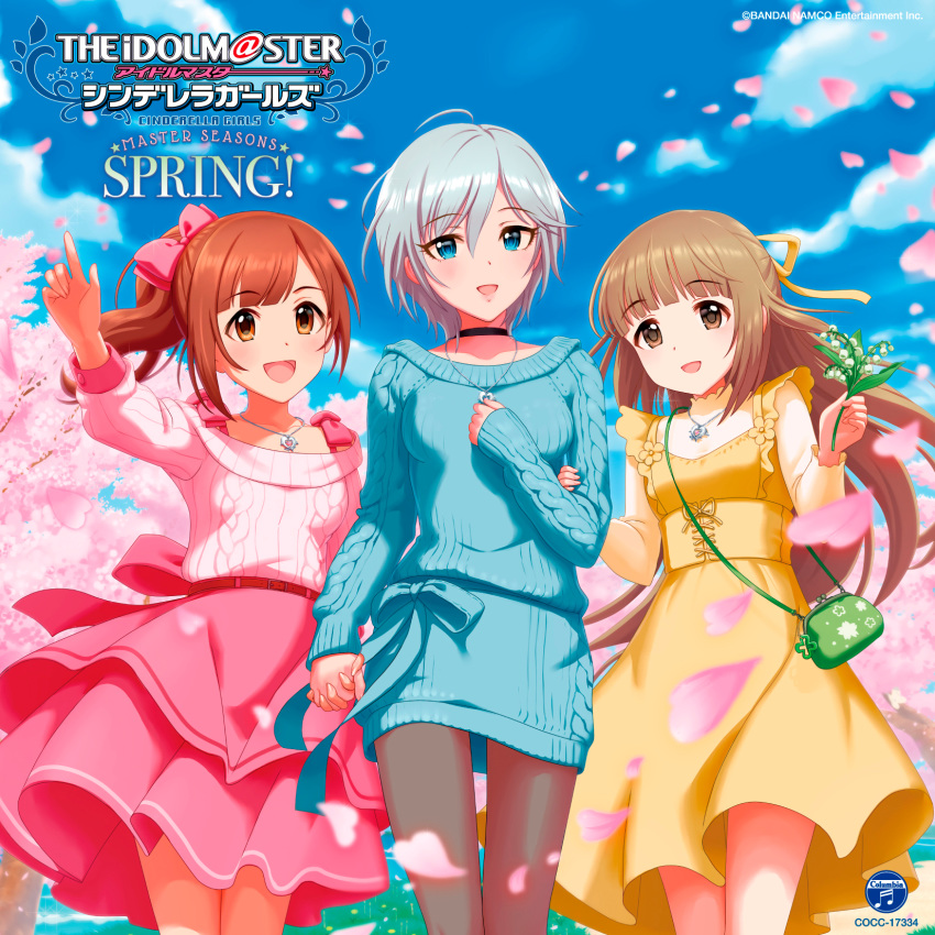 3girls :d anastasia_(idolmaster) bag black_choker blue_eyes blue_sky blue_sweater blurry blurry_background bow brown_eyes brown_hair brown_legwear cherry_blossoms choker clouds day disc_cover dress eyebrows_visible_through_hair floating_hair hair_between_eyes hair_bow hair_ribbon highres idolmaster idolmaster_cinderella_girls igarashi_kyouko index_finger_raised jewelry layered_skirt long_hair looking_at_viewer medium_skirt multiple_girls off-shoulder_sweater off_shoulder official_art open_mouth outdoors pantyhose pendant petals pinafore_dress pink_skirt pink_sweater red_bow ribbed_sweater ribbon shiny shiny_hair shirt short_hair side_ponytail silver_hair skirt sky sleeveless sleeveless_dress smile summer sweater sweater_dress very_long_hair yellow_dress yellow_ribbon yellow_shirt yorita_yoshino