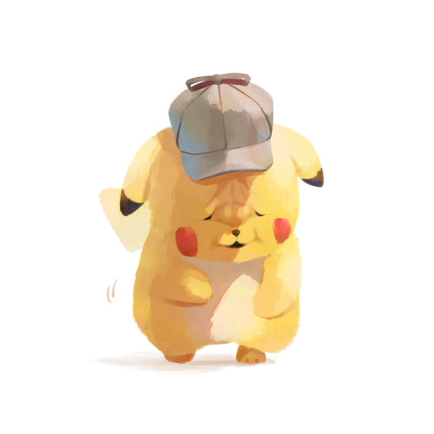aries_bug commentary_request detective_pikachu detective_pikachu_(character) gen_1_pokemon grey_headwear hat head_down highres no_humans paws pikachu pokemon pokemon_(creature) standing walking white_background wrinkled_frown_(detective_pikachu)