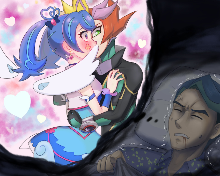 10rs21 1girl 2boys bed bed_sheet blood blue_angel blue_eyes blue_hair blush closed_eyes dreaming dress duel_disk duel_monster embarrassed facial_mark fujiki_yuusaku green_eyes hair_ornament hand_on_another's_chest heart heart_background hug kiss multicolored_hair multiple_boys nightmare pillow playmaker sleeping spiky_hair sweatdrop trembling twintails two-tone_hair wings yu-gi-oh! yu-gi-oh!_vrains zaizen_akira zaizen_aoi