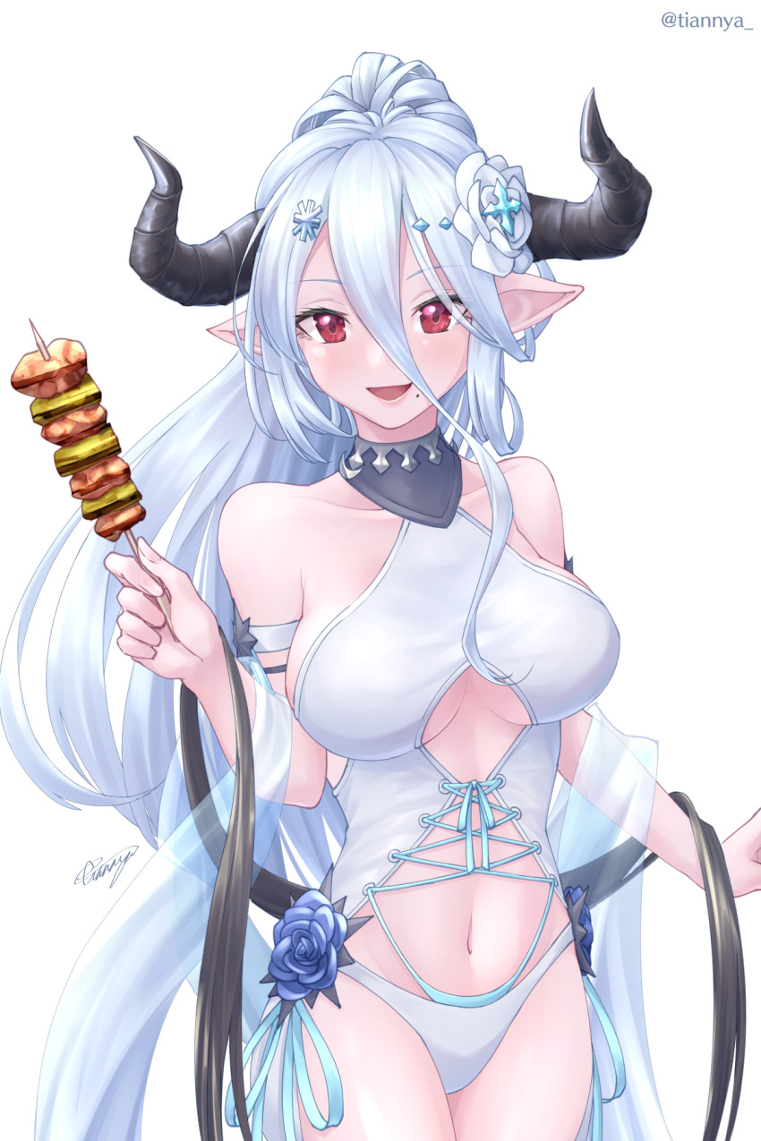 1girl bare_shoulders blue_flower blush breasts clothing_cutout collarbone corset draph drawstring flower food food_request granblue_fantasy hair_between_eyes hair_flower hair_ornament highres holding horns izmir kebab large_breasts light_blue_hair long_hair looking_at_viewer mole mole_under_mouth navel open_mouth pointy_ears red_eyes simple_background smile snowflake_hair_ornament solo swimsuit tian_nya twitter_username underboob_cutout very_long_hair white_background white_flower