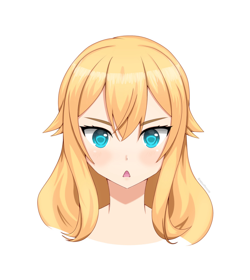 1girl absurdres blonde_hair blue_eyes english_commentary hair_between_eyes head_only highres hoshino_char looking_at_viewer open_mouth solo speedypotato triangle_mouth tsunderia v-shaped_eyebrows virtual_youtuber