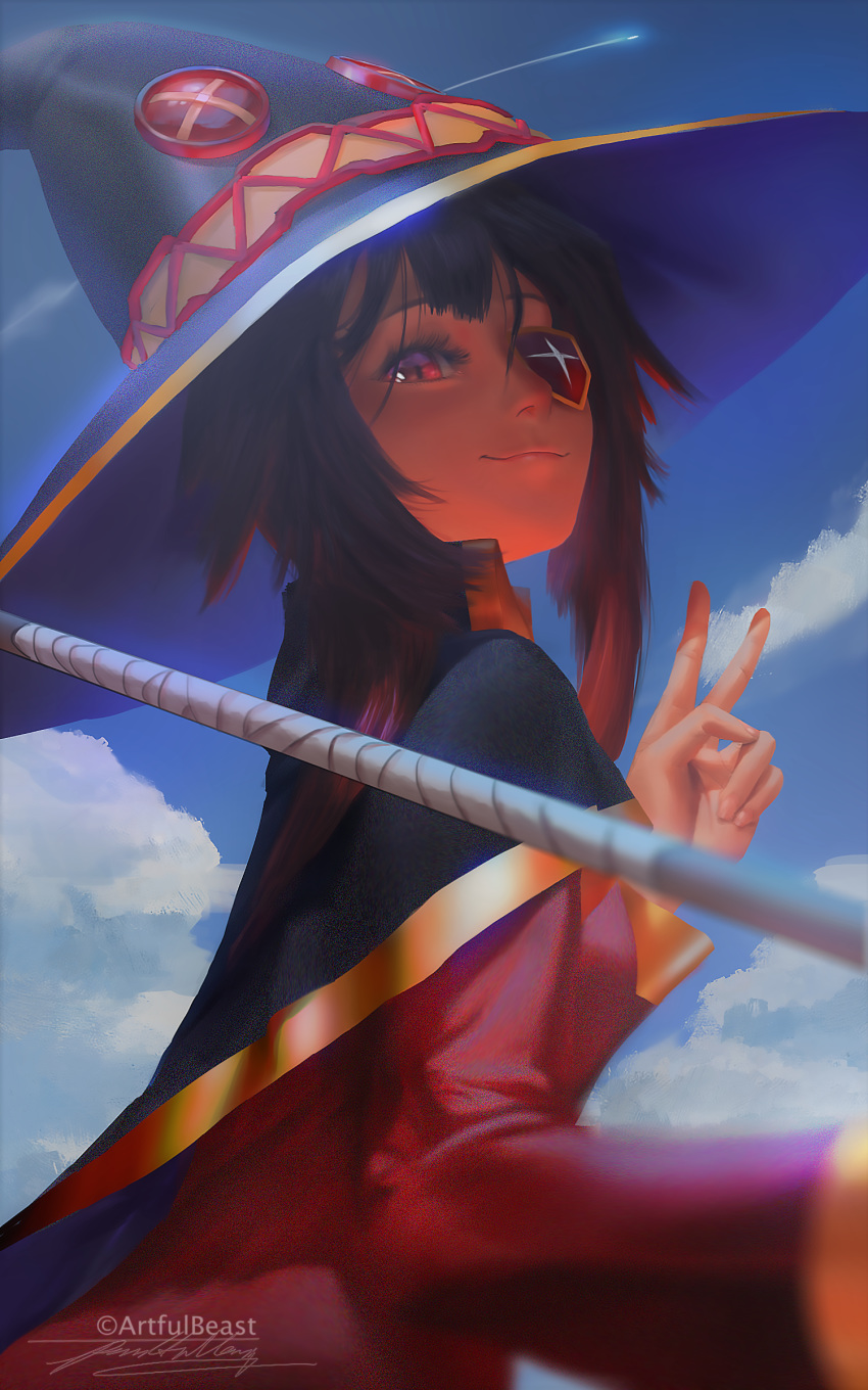 1girl :3 absurdres bangs black_headwear brown_hair cape clouds commentary dress english_commentary eyepatch hat highres looking_at_viewer looking_back megumin paul_nong red_dress red_eyes short_hair sidelocks sky smile solo staff v witch_hat