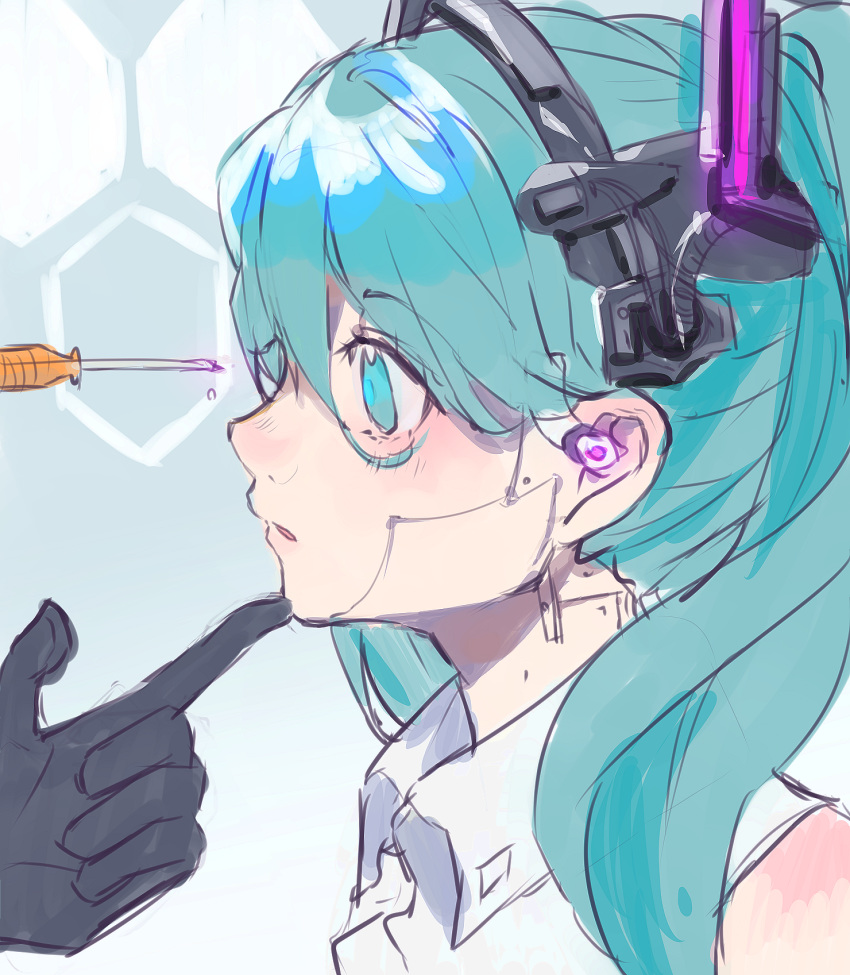 1girl android aqua_eyes aqua_hair bare_shoulders black_gloves cable commentary curious finger_to_another's_chin finger_to_chin gloves hatsune_miku headset heremia highres joints looking_at_another maintenance mechanical_parts pale_skin parted_lips profile robot_joints shirt sketch sleeveless sleeveless_shirt solo_focus syringe twintails vocaloid