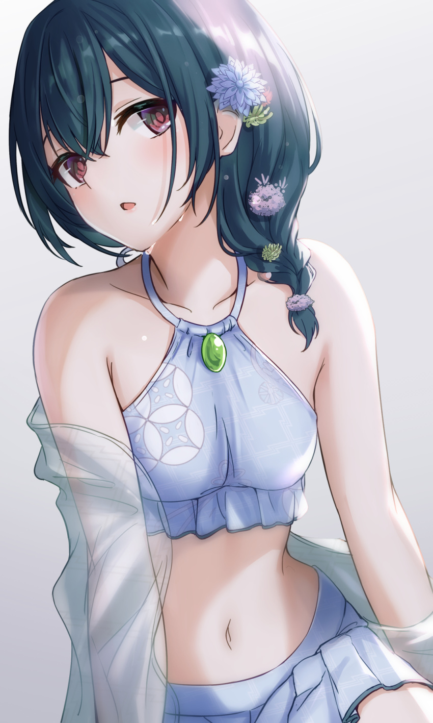 1girl alisia0812 bangs bikini black_hair blue_bikini blush braid breasts eyebrows floral_print flower frilled_bikini frills hair_between_eyes hair_flower hair_ornament hair_over_shoulder halter_top halterneck highres idolmaster idolmaster_shiny_colors long_hair long_sleeves looking_at_viewer morino_rinze navel off_shoulder open_clothes parted_lips print_bikini red_eyes solo swimsuit white_flower wide_sleeves yellow_flower yunagi_amane