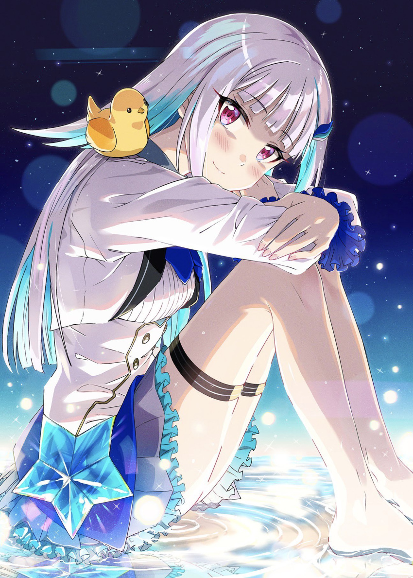 1girl animal_on_shoulder ayano_yuu_(sonma_1426) bangs barefoot bird bird_on_shoulder blue_bow blue_hair blue_neckwear blue_skirt blunt_bangs bow closed_mouth commentary eyebrows_visible_through_hair frilled_skirt frilled_sleeves frills from_side hair_ornament highres leg_hug light_particles lize_helesta long_hair long_sleeves looking_at_viewer miniskirt multicolored_hair nijisanji on_liquid pleated_skirt reflection shirt sitting skirt smile solo star_(symbol) thigh_strap two-tone_hair violet_eyes virtual_youtuber water white_hair white_shirt