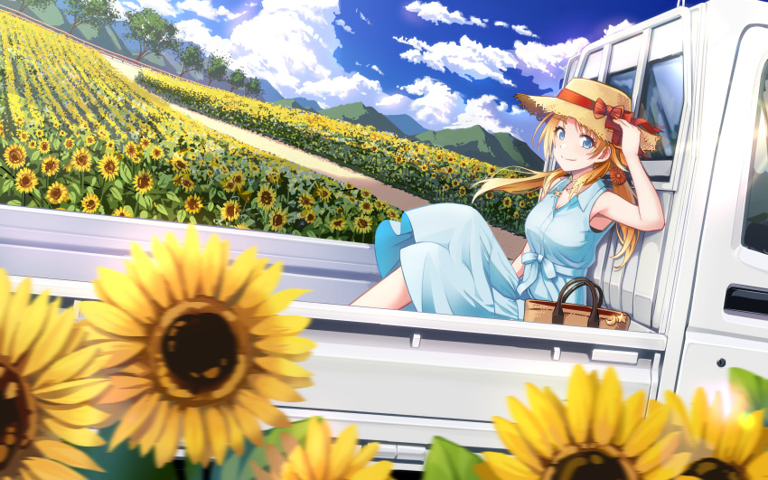 1girl absurdres bag bangs blonde_hair blue_dress blue_eyes blue_sky blurry_foreground closed_mouth clouds commentary_request day dirt_road dress eyebrows_visible_through_hair fence field flatbed_truck flower flower_field ground_vehicle hachimiya_meguru hair_flower hair_ornament hand_on_headwear hat hat_ribbon highres idolmaster idolmaster_shiny_colors looking_at_viewer macha0331 medium_hair motor_vehicle mountain mountainous_horizon official_style one_piece outdoors ribbon road shoulder_bag sitting sky smile solo straw_hat summer sun_hat sundress sunflower sunflower_petals tree truck vehicle wooden_fence