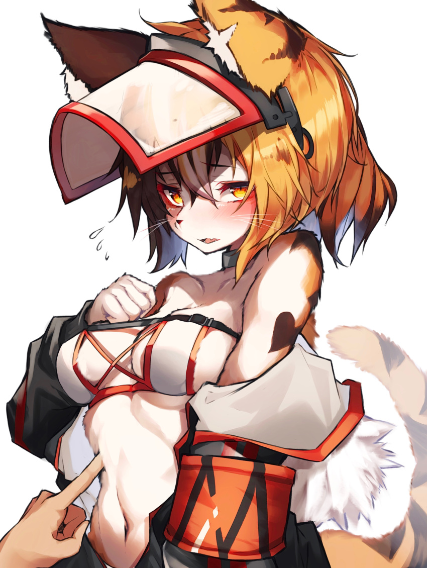 1boy 1girl absurdres animal_ears animal_nose bare_shoulders blonde_hair blush breasts collarbone commentary_request fang fur furry highres looking_at_viewer medium_breasts midriff navel original ponytail short_hair simple_background slit_pupils stomach tab_head tail visor_cap whiskers white_background yellow_eyes