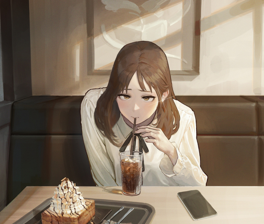 1girl bangs black_neckwear black_ribbon brown_eyes brown_hair chocolate_syrup collared_shirt cup dessert drinking drinking_straw food fork glint hand_up highres indoors knife long_hair long_sleeves looking_at_viewer original phone ribbon shadow shirt sitting solo tray white_shirt yyydddd0