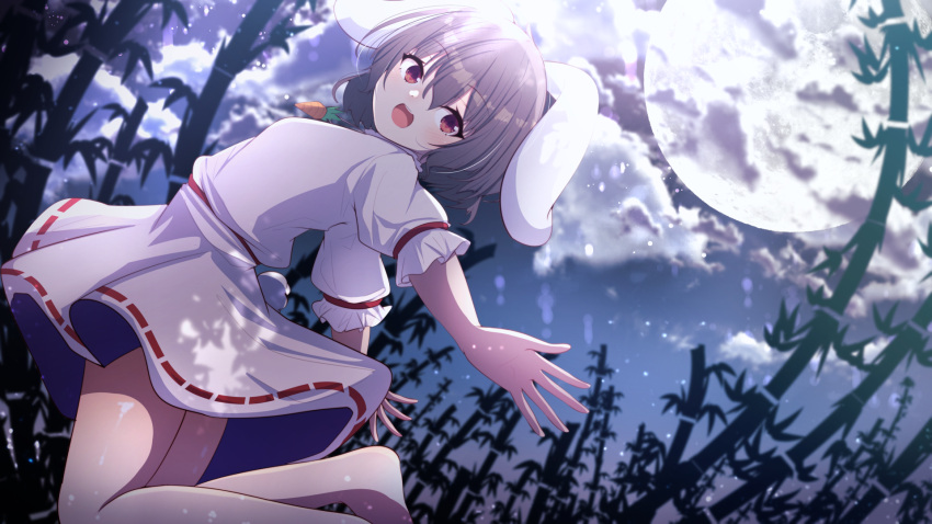 1girl animal_ears bamboo bamboo_forest barefoot black_hair bunny_ears carrot_necklace darumoon dress floppy_ears forest frilled_sleeves frills full_moon highres inaba_tewi jewelry looking_at_viewer moon nature necklace night open_mouth pink_dress pink_shirt pink_skirt puffy_short_sleeves puffy_sleeves rabbit_ears rabbit_girl rabbit_tail red_eyes ribbon-trimmed_dress ribbon-trimmed_skirt ribbon_trim shirt short_hair short_sleeves skirt solo tail touhou wavy_hair