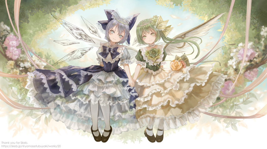 alternate_costume alternate_wings bangs black_footwear blue_bow blue_eyes blue_hair blue_neckwear blue_skirt blue_sky blue_vest bow choker cirno commentary_request commission daiyousei day dress english_text feathered_wings floral_background flower green_eyes green_flower green_hair green_rose green_shirt hair_flower hair_ornament hair_ribbon head_tilt holding_hands keiko_(mitakarawa) layered_dress leaf looking_at_viewer mary_janes one_side_up orange_flower orange_rose outdoors pantyhose petals petticoat pink_skirt puffy_short_sleeves puffy_sleeves ribbon rose shirt shoes short_hair short_sleeves sitting skeb_commission skirt sky smile touhou tree_branch vest watermark web_address white_legwear wings