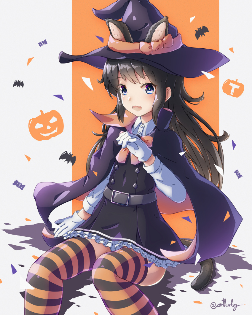 1girl absurdres animal_ears arthur_ko asashio_(kantai_collection) black_cape black_hair blue_eyes cape cat_ears cat_tail dress gloves halloween_costume hat highres huge_filesize kantai_collection long_hair long_sleeves multicolored multicolored_cape multicolored_clothes orange_cape pinafore_dress remodel_(kantai_collection) shirt sitting solo striped striped_legwear tail thigh-highs two-sided_cape two-sided_fabric white_gloves white_shirt witch_costume witch_hat