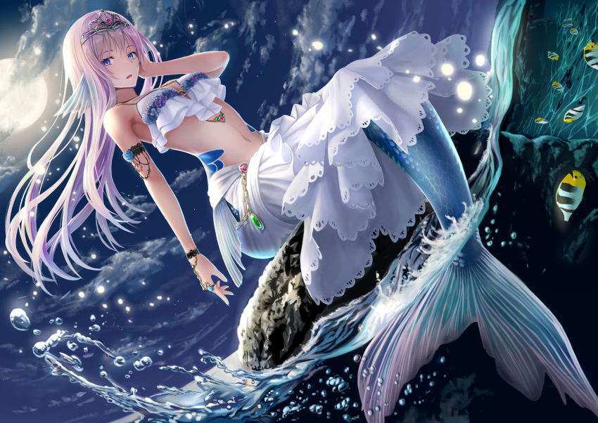 1girl armlet backlighting bangs belly_chain bikini black_sky blue_eyes bracelet breasts clouds cloudy_sky commentary fish full_moon grey_headwear hand_in_hair head_fins highres horizon jewelry light_particles long_hair looking_at_viewer macha0331 medium_breasts medium_skirt mermaid monster_girl moon navel necklace night night_sky ocean original outdoors parted_lips partially_underwater_shot rock silver_hair sitting skirt sky solo splashing stomach_tattoo swimsuit tattoo tiara water white_bikini white_skirt wind