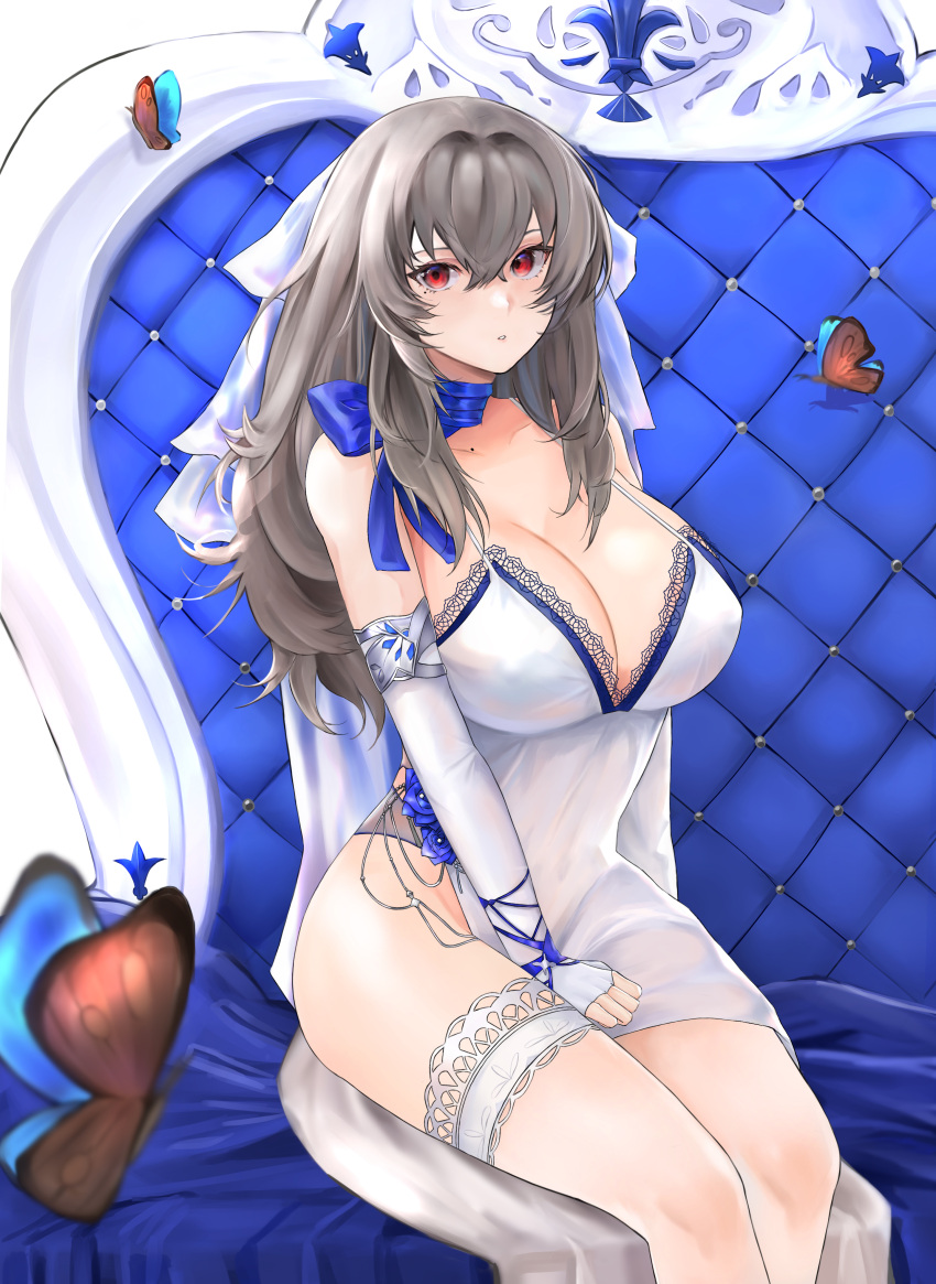 1girl absurdres azur_lane blue_butterfly blue_scarf breasts china_dress chinese_clothes doinaka dress elbow_gloves evening_gown fingerless_gloves gloves grey_hair highres large_breasts mole mole_under_eye no_panties red_eyes saint-louis_(azur_lane) saint-louis_(brilliant_paladin)_(azur_lane) scarf sitting sleeveless sleeveless_dress solo white_dress white_gloves