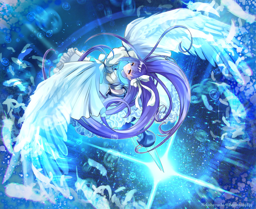1girl artist_name blue_eyes bow bubble fate/grand_order fate_(series) feathers glowing glowing_weapon hair_bow highres long_hair meltryllis nekobayashi purple_hair smile twitter_username very_long_hair weapon wings