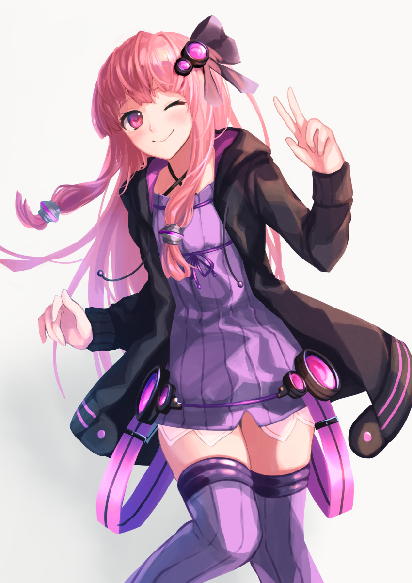 1girl absurdres beekan black_jacket commentary cosplay cowboy_shot criss-cross_halter dress hair_ornament hair_ribbon hair_tubes halterneck hand_up highres hood hooded_jacket jacket kotonoha_akane long_hair one_eye_closed pink_eyes pink_hair purple_dress purple_legwear ribbon sidelocks smile solo thigh-highs very_long_hair voiceroid w yuzuki_yukari yuzuki_yukari_(cosplay) zettai_ryouiki