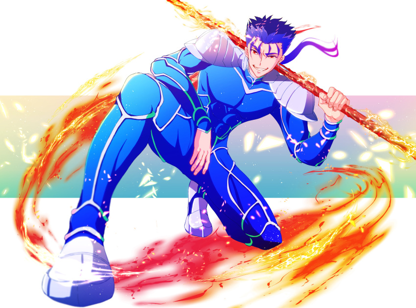 1boy armor blue_hair bodysuit cu_chulainn_(fate)_(all) earrings fate/stay_night fate_(series) fire flaming_weapon full_body gae_bolg grin highres holding holding_weapon jewelry kiriko_(onigiri21) lancer long_hair looking_at_viewer male_focus one_knee pauldrons polearm ponytail red_eyes shoulder_armor skin_tight smile solo spear spiky_hair type-moon weapon