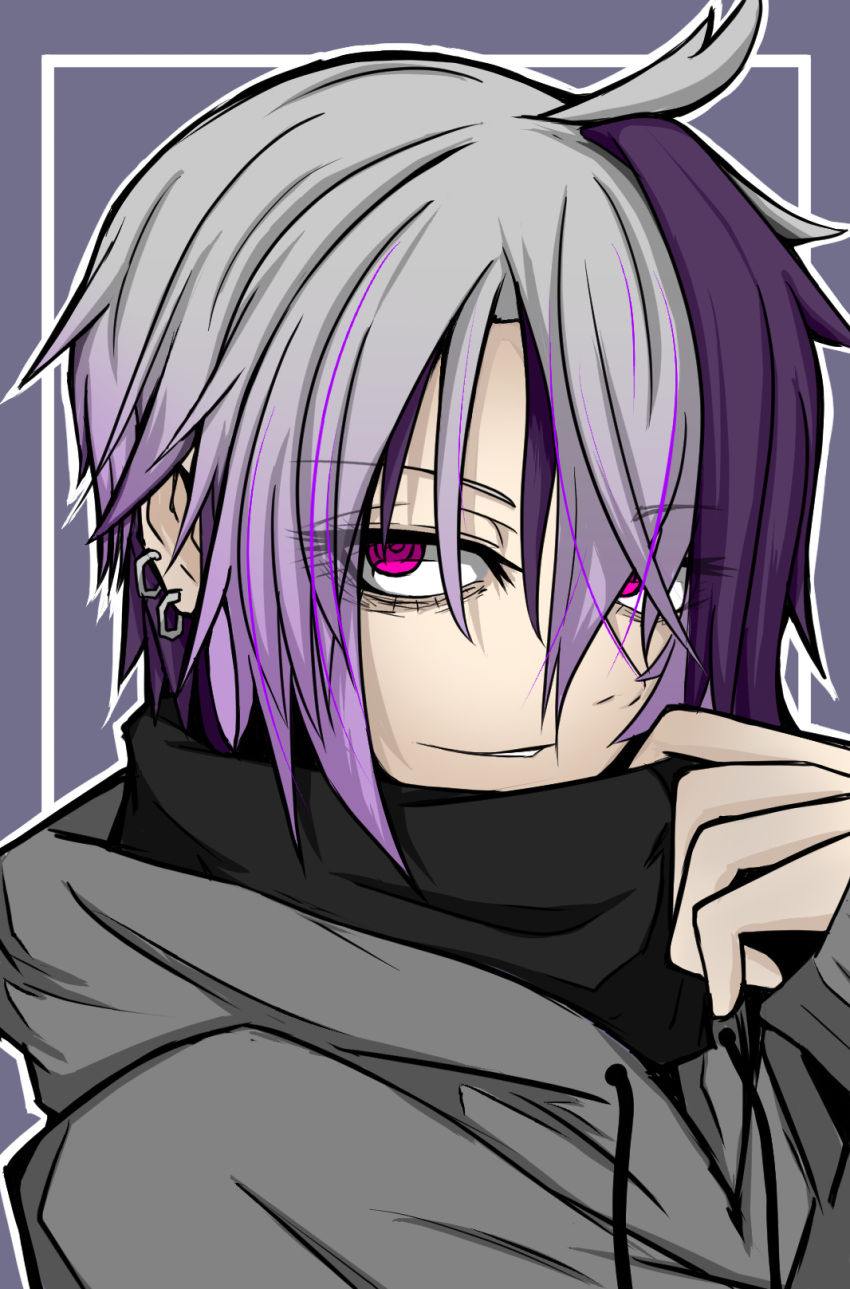 1girl adjusting_collar black_shirt chocoika commentary drawstring earrings flower_(vocaloid) grey_hair grey_hoodie grin half-closed_eyes highres jewelry looking_at_viewer multicolored_hair parted_lips portrait purple_background purple_hair shirt short_hair smile solo streaked_hair tsurime turtleneck v_flower_(vocaloid4) violet_eyes vocaloid