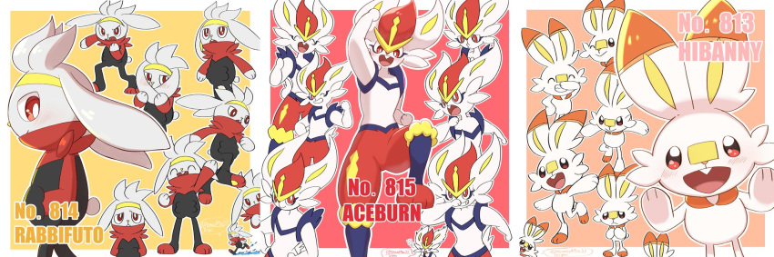 arm_up blush character_name cinderace closed_eyes closed_mouth commentary_request fang gen_8_pokemon hand_up highres leg_up looking_at_viewer open_mouth outstretched_arms peeking_out pokedex_number pokemon pokemon_(creature) raboot red_eyes scorbunny smile tem_(mimoteurur013) tongue