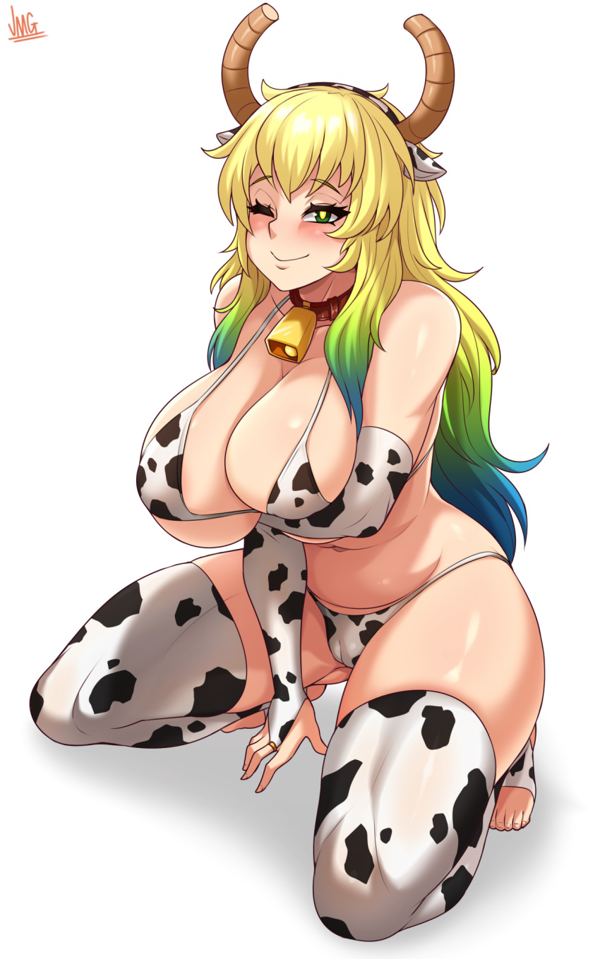 1girl animal_costume animal_ears animal_print arm_under_breasts artist_name bare_shoulders bell bikini blood blue_hair blush breasts closed_mouth collar cow_bell cow_costume cow_ears cow_print dragon_girl dragon_horns elbow_gloves fake_animal_ears fingerless_gloves gloves gradient_hair green_eyes green_hair highres horns huge_breasts jewelry jmg kobayashi-san_chi_no_maidragon long_hair looking_at_viewer multicolored_hair navel one_eye_closed quetzalcoatl_(maidragon) ring smile solo squatting swimsuit thigh-highs toes white_background yellow_pupils