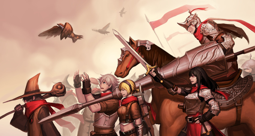 2girls 3boys 6+others armor belt bird black_capelet black_eyes black_gloves black_hair black_legwear blonde_hair breastplate brown_gloves brown_hairband cain_(gunnermul) capelet closed_eyes fingerless_gloves flag flying garter_straps gloves grey_hair hairband hand_on_hip hat helmet highres holding holding_lance holding_polearm holding_spear holding_staff holding_sword holding_weapon horse jewelry lance long_hair long_sleeves medium_hair multiple_boys multiple_girls multiple_others necklace open_mouth original outdoors over_shoulder parted_lips pauldrons pointing_weapon polearm ponytail red_eyes red_scarf riding scarf shoulder_armor spear staff sword teeth upper_teeth vambraces weapon weapon_over_shoulder wide_sleeves wizard wizard_hat
