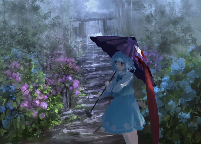 1girl :o absurdres blue_eyes blue_flower blue_hair blue_skirt blue_vest bush commentary dark feet_out_of_frame flower gate geta heterochromia highres holding holding_umbrella huge_filesize hydrangea karakasa_obake light_blue_hair long_sleeves long_tongue looking_to_the_side nature oriental_umbrella outdoors purple_flower purple_umbrella rain red_eyes road scarlet_devil_mansion scenery shirt shoes short_hair sidelocks single_shoe skirt solo stairs tatara_kogasa tongue touhou umbrella ushitsuchi vest wet white_shirt wooden_wall